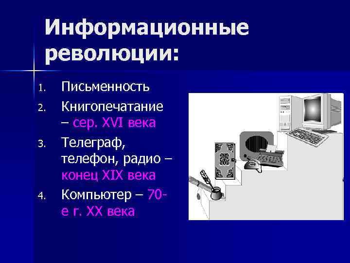 Информационные революции: 1. 2. 3. 4. Письменность Книгопечатание – сер. XVI века Телеграф, телефон,