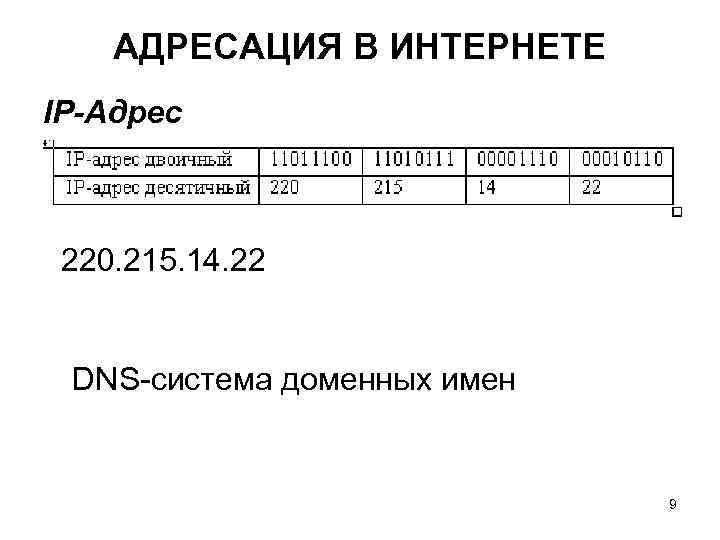 АДРЕСАЦИЯ В ИНТЕРНЕТЕ IP-Адрес 220. 215. 14. 22 DNS-система доменных имен 9 