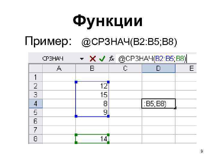 Функции Пример: @СРЗНАЧ(B 2: B 5; B 8) 9 