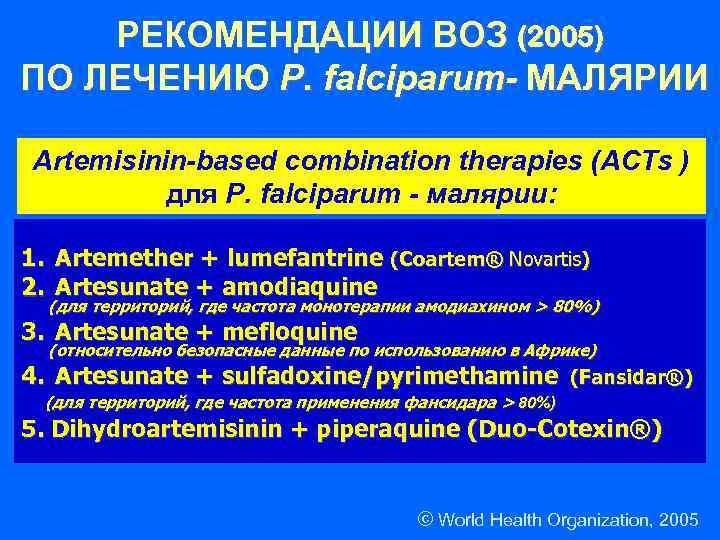РЕКОМЕНДАЦИИ ВОЗ (2005) ПО ЛЕЧЕНИЮ P. falciparum- МАЛЯРИИ Artemisinin-based combination therapies (ACTs ) для