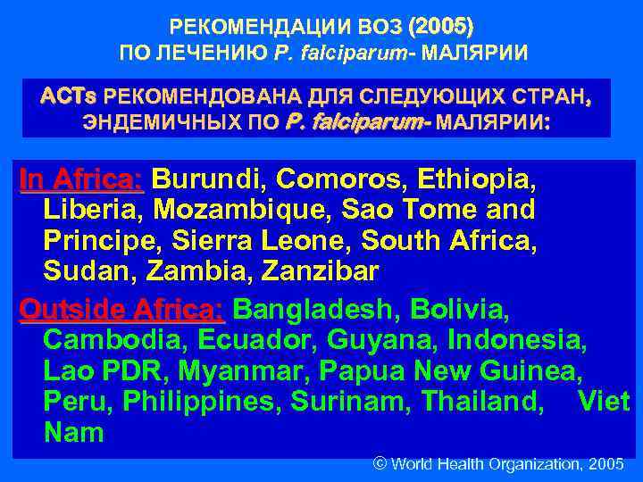 РЕКОМЕНДАЦИИ ВОЗ (2005) ПО ЛЕЧЕНИЮ P. falciparum- МАЛЯРИИ ACTs РЕКОМЕНДОВАНА ДЛЯ СЛЕДУЮЩИХ СТРАН, ЭНДЕМИЧНЫХ