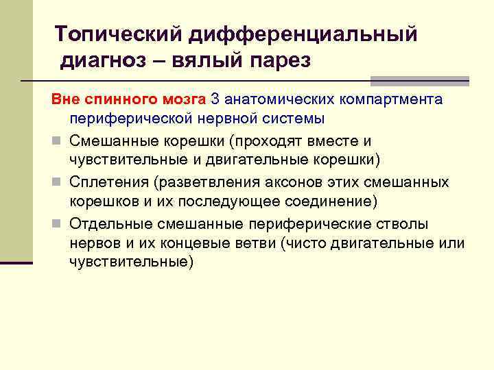 Топический дифференциальный диагноз – вялый парез Вне спинного мозга 3 анатомических компартмента периферической нервной