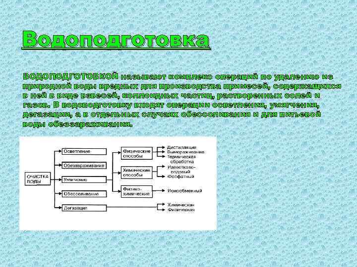 Водоподготовка ВОДОПОДГОТОВКОЙ называют комплекс операций по удалению из природной воды вредных для производства примесей,