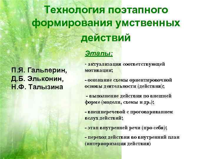 Технология поэтапного формирования умственных действий Этапы: П. Я. Гальперин, Д. Б. Эльконин, Н. Ф.