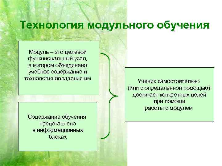 Технология модульного обучения Модуль – это целевой функциональный узел, в котором объединено учебное содержание