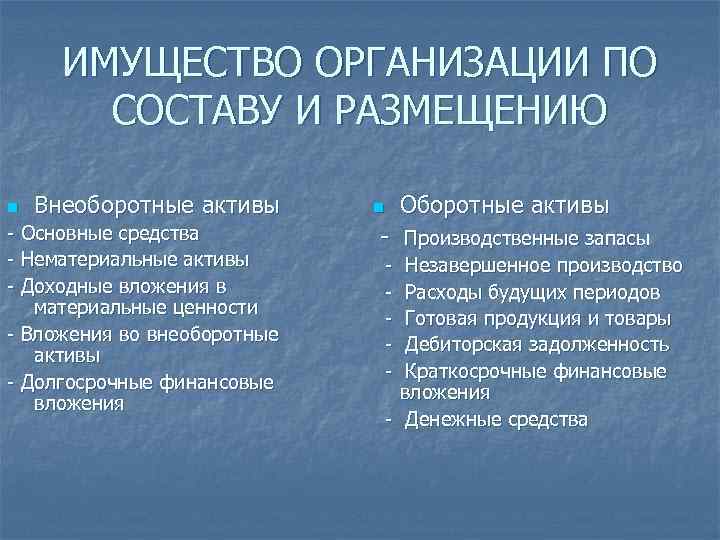 ИМУЩЕСТВО ОРГАНИЗАЦИИ ПО СОСТАВУ И РАЗМЕЩЕНИЮ n Внеоборотные активы - Основные средства - Нематериальные