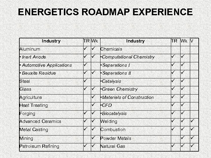 ENERGETICS ROADMAP EXPERIENCE Industry TR Wk V Aluminum ü ü Chemicals • Inert Anode