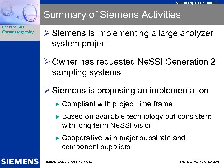 Siemens Applied Automation Summary of Siemens Activities Process Gas Chromatography Ø Siemens is implementing