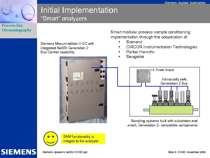 Siemens Applied Automation Initial Implementation “Smart” analyzers Process Gas Chromatography Siemens Maxum edition II