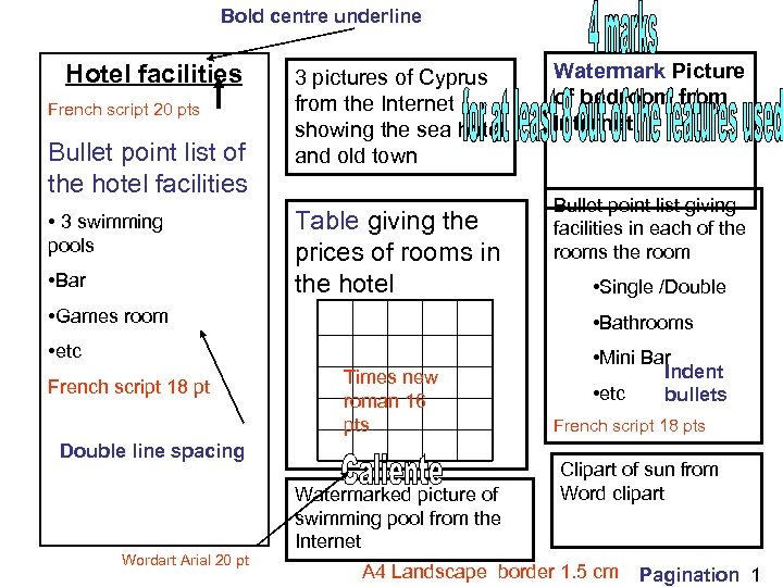 Bold centre underline Hotel facilities French script 20 pts Bullet point list of the