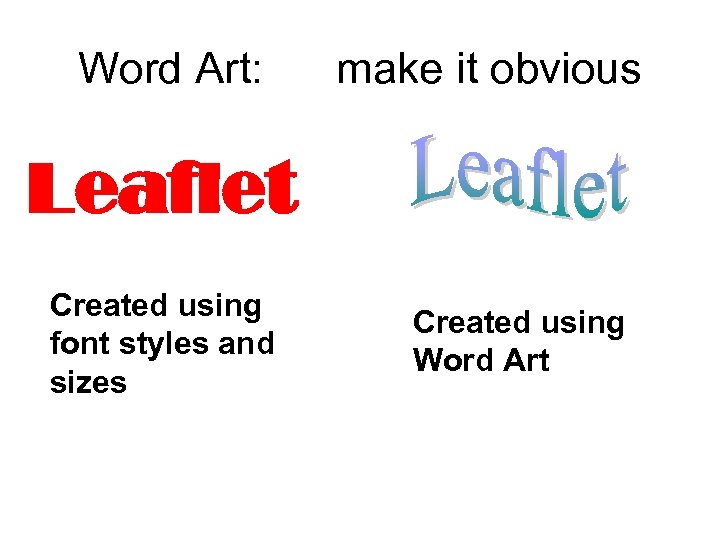 Word Art: make it obvious Leaflet Created using font styles and sizes Created using
