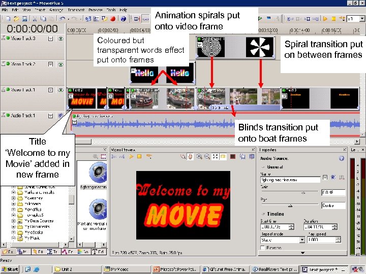 Animation spirals put onto video frame Coloured but transparent words effect put onto frames