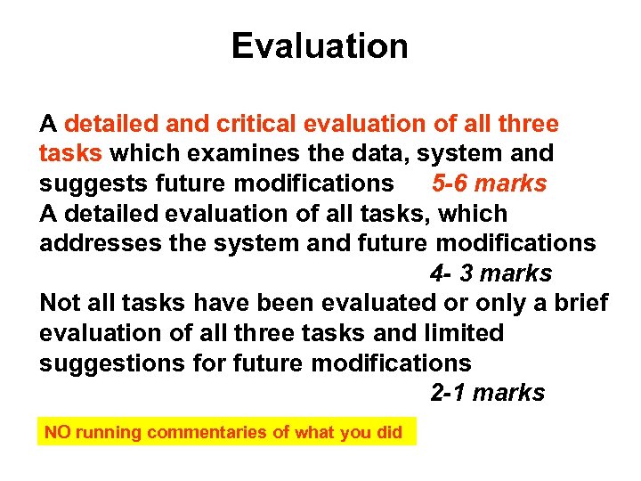 Evaluation A detailed and critical evaluation of all three tasks which examines the data,