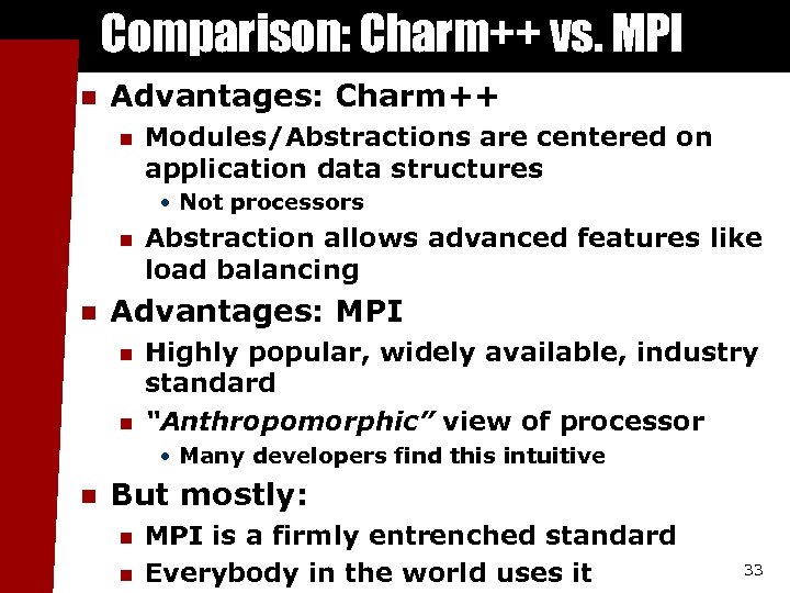 Comparison: Charm++ vs. MPI n Advantages: Charm++ n Modules/Abstractions are centered on application data