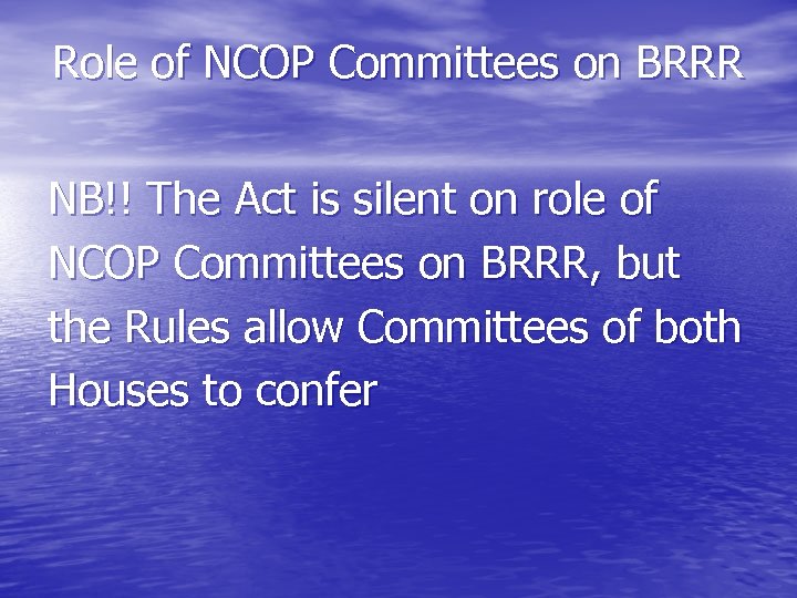 Role of NCOP Committees on BRRR NB!! The Act is silent on role of
