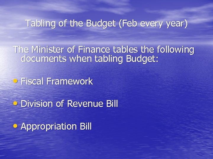 Tabling of the Budget (Feb every year) The Minister of Finance tables the following