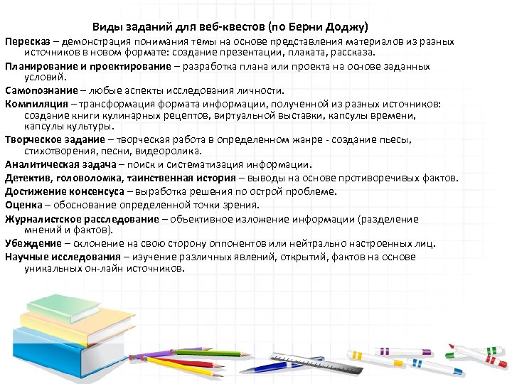 Виды заданий для веб-квестов (по Берни Доджу) Пересказ – демонстрация понимания темы на основе