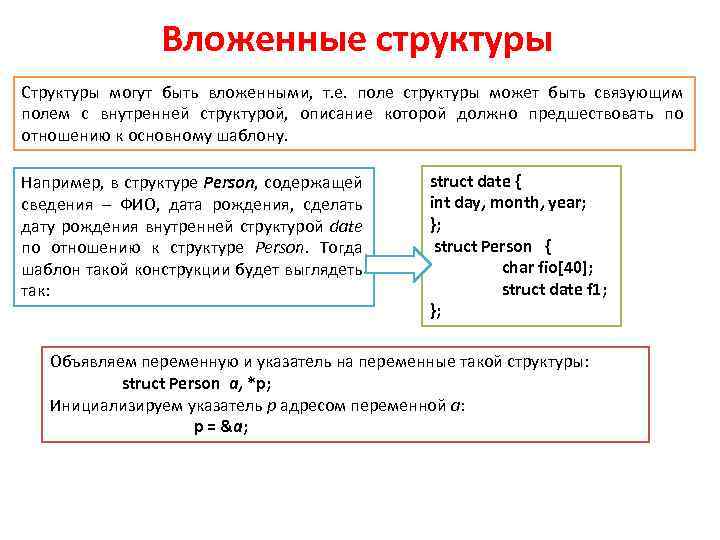 Вложенные структуры Структуры могут быть вложенными, т. е. поле структуры может быть связующим полем
