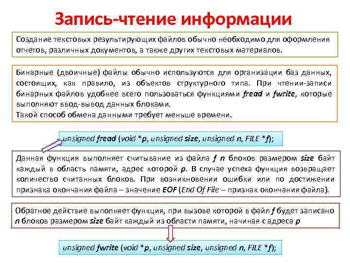 Запись-чтение информации Создание текстовых результирующих файлов обычно необходимо для оформления отчетов, различных документов, а