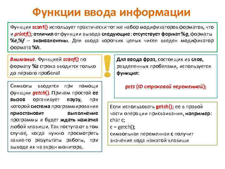 Функции ввода информации Функция scanf() использует практически тот же набор модификаторов форматов, что и