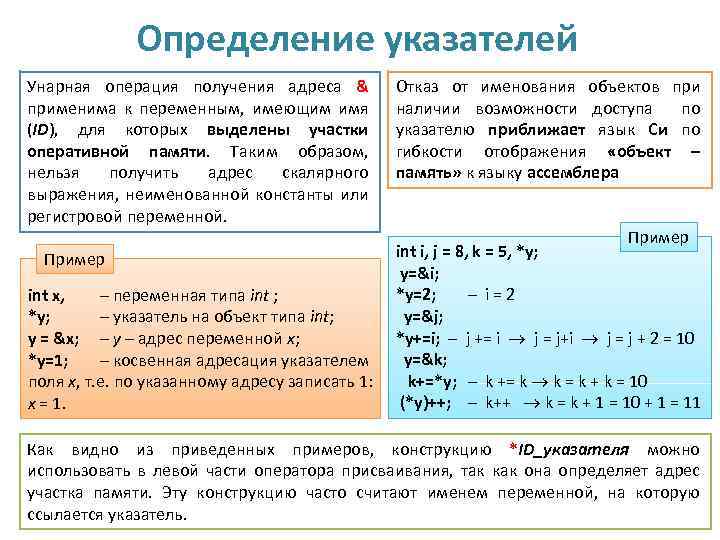 Определение указателей Унарная операция получения адреса & применима к переменным, имеющим имя (ID), для