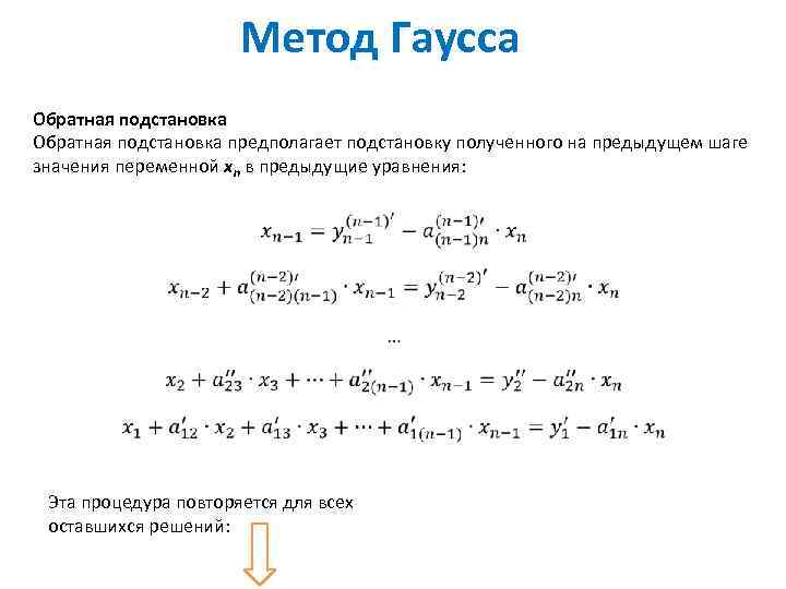 Метод Гаусса Обратная подстановка предполагает подстановку полученного на предыдущем шаге значения переменной xn в