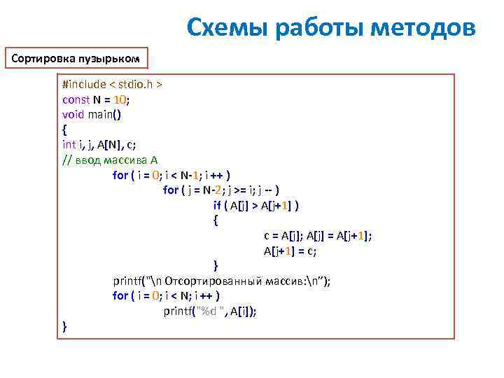 Схемы работы методов Сортировка пузырьком #include < stdio. h > const N = 10;