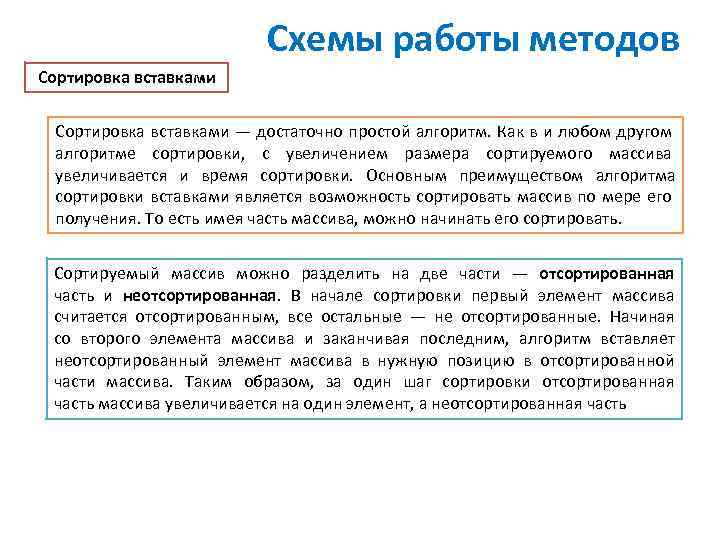 Схемы работы методов Сортировка вставками — достаточно простой алгоритм. Как в и любом другом