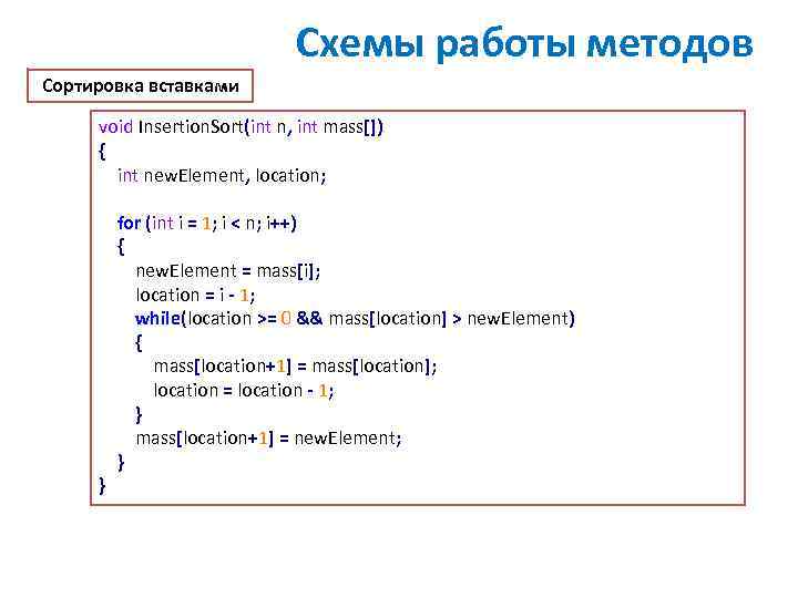 Схемы работы методов Сортировка вставками void Insertion. Sort(int n, int mass[]) { int new.