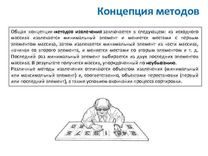 Концепция методов Общая концепция методов извлечения заключается в следующем: из исходного массива извлекается минимальный