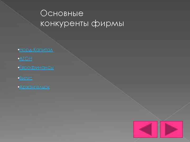 Основные конкуренты фирмы • Норд-Капитал • АТОН • Еврофинансы • Витус • Архангельск 