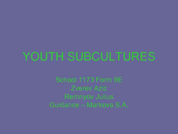 YOUTH SUBCULTURES School 1173 Form 9 E Zverev Aziz Remnyov Julius Guidance – Markova