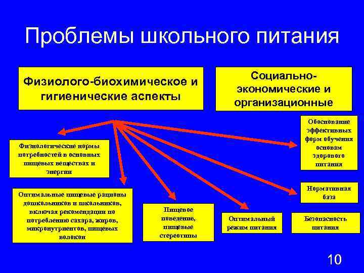 Проблемы школьного питания Физиолого-биохимическое и гигиенические аспекты Социальноэкономические и организационные Обоснование эффективных форм обучения