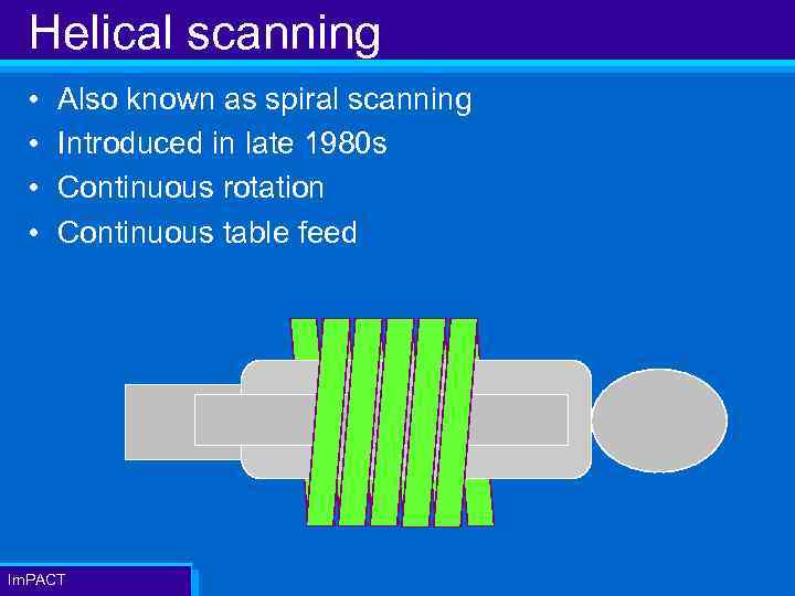 Helical scanning • • Also known as spiral scanning Introduced in late 1980 s