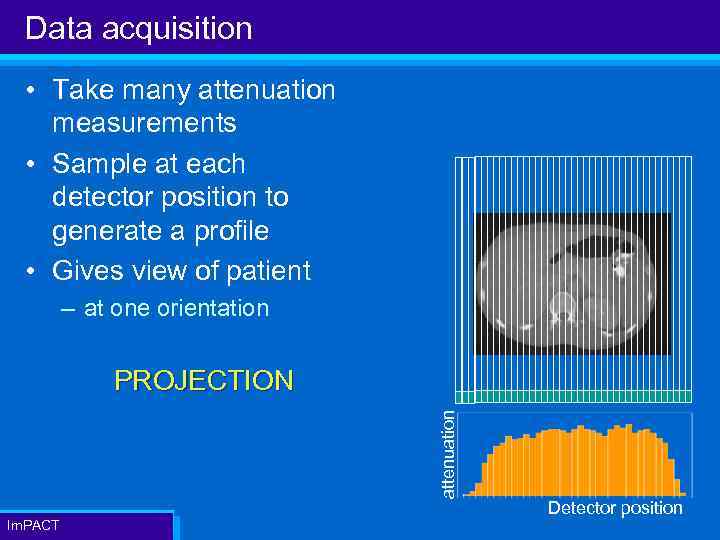 Data acquisition • Take many attenuation measurements • Sample at each detector position to