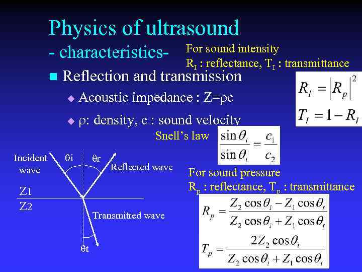 Physics of ultrasound - characteristicsn For sound intensity RI : reflectance, TI : transmittance