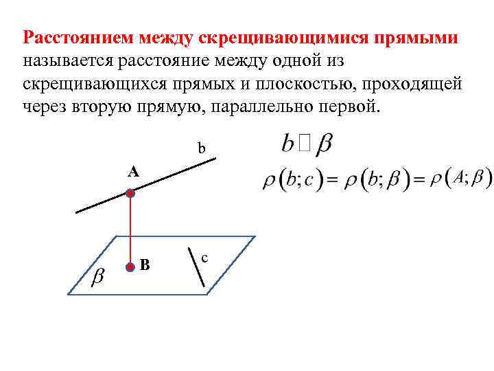 Расстоянием между скрещивающимися прямыми называется расстояние между одной из скрещивающихся прямых и плоскостью, проходящей