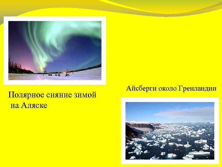 Полярное сияние зимой на Аляске Айсберги около Гренландии 