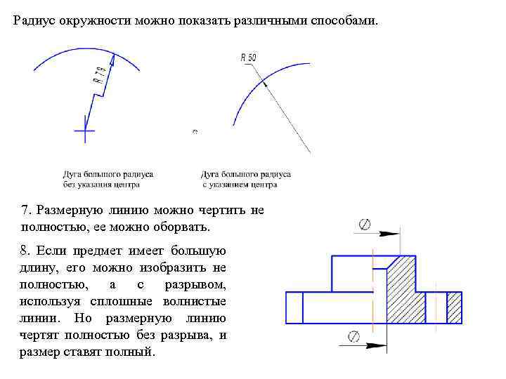 Радиус окружности можно показать различными способами. 7. Размерную линию можно чертить не полностью, ее