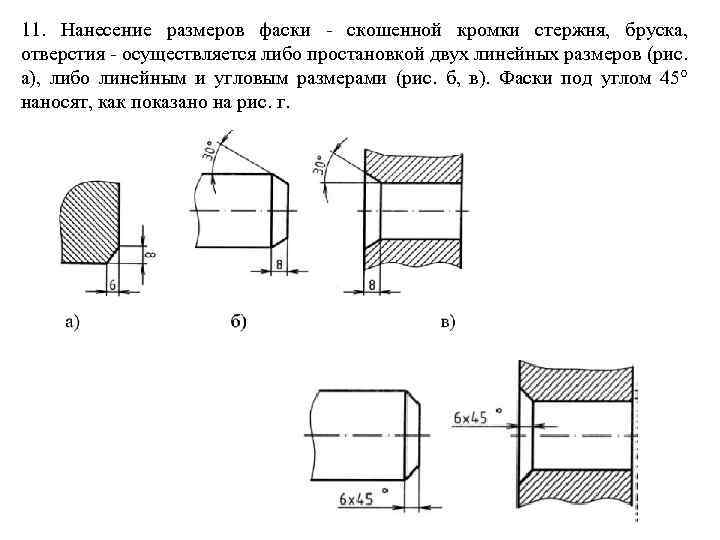 11. Нанесение размеров фаски - скошенной кромки стержня, бруска, отверстия - осуществляется либо простановкой