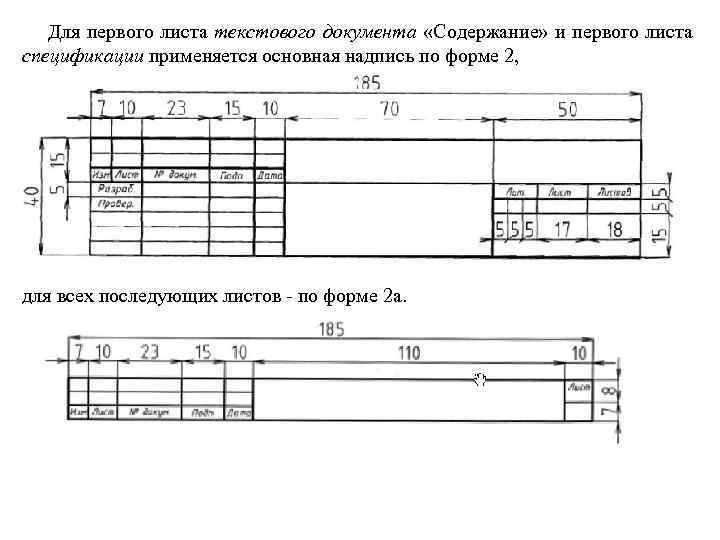 Для первого листа текстового документа «Содержание» и первого листа спецификации применяется основная надпись по