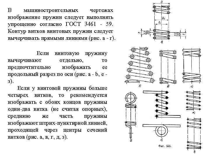 В машиностроительных чертежах изображение пружин следует выполнять упрощенно согласно ГОСТ 3461 59. Контур витков