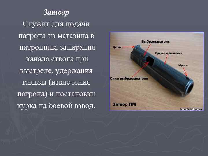 Затвор Служит для подачи патрона из магазина в патронник, запирания канала ствола при выстреле,