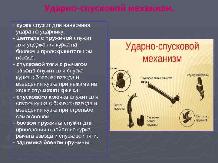 Ударно-спусковой механизм. - курка служит для нанесения удара по ударнику. - шептала с пружиной