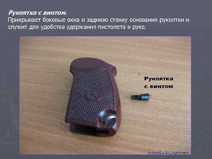 Рукоятка с винтом. Прикрывает боковые окна и заднюю стенку основания рукоятки и служит для