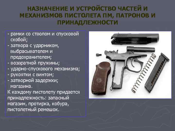 НАЗНАЧЕНИЕ И УСТРОЙСТВО ЧАСТЕЙ И МЕХАНИЗМОВ ПИСТОЛЕТА ПМ, ПАТРОНОВ И ПРИНАДЛЕЖНОСТИ - рамки со