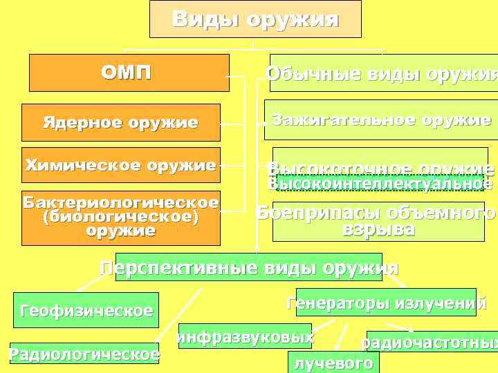 Виды оружия ОМП Обычные виды оружия Ядерное оружие Зажигательное оружие Химическое оружие Высокоточное оружие