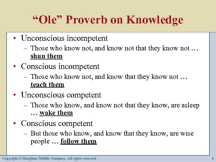 “Ole” Proverb on Knowledge • Unconscious incompetent – Those who know not, and know