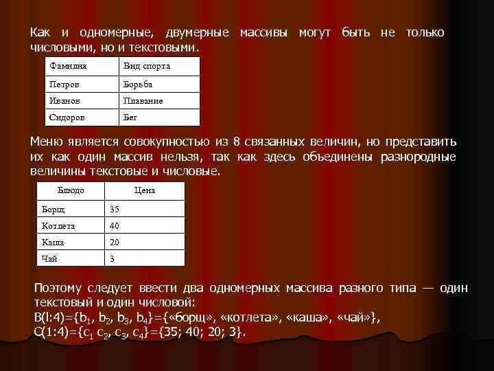 Как и одномерные, двумерные массивы могут быть не только числовыми, но и текстовыми. Фамилия