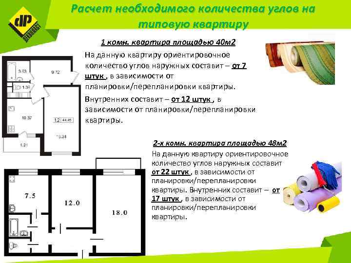 Расчет необходимого количества углов на типовую квартиру 1 комн. квартира площадью 40 м 2